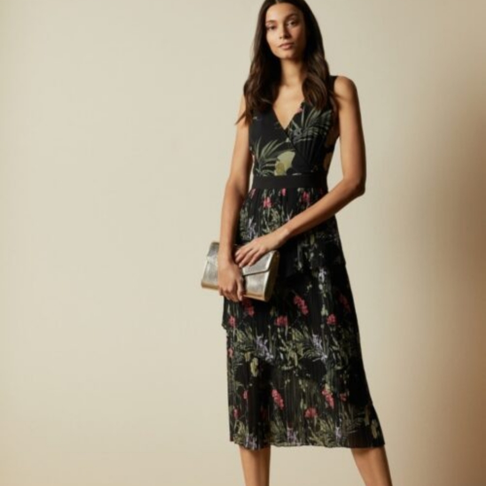 TED BAKER Malinae Highland Tiered Pleated Floral Midi Dress Size Small 6